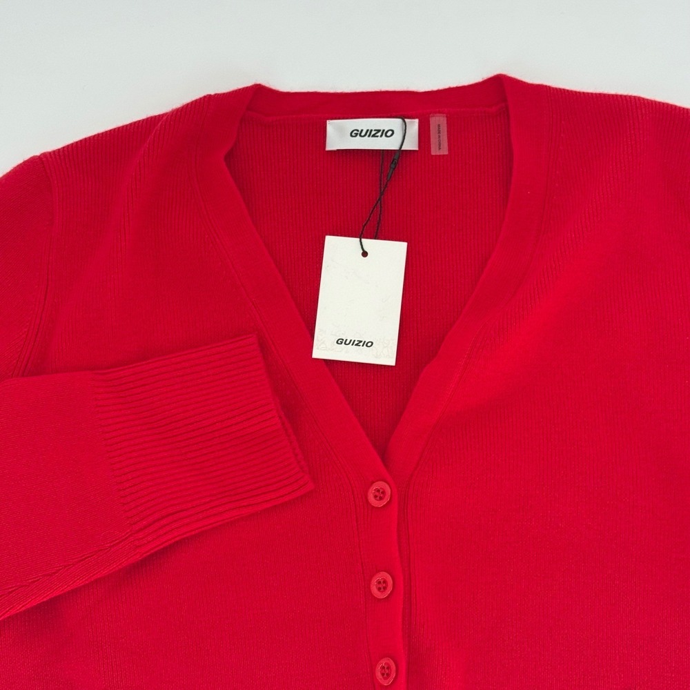 Danielle Guizio NY Poppy Red Ribbed Knit V-Neck Cropped Cardigan S24144 XL NEW